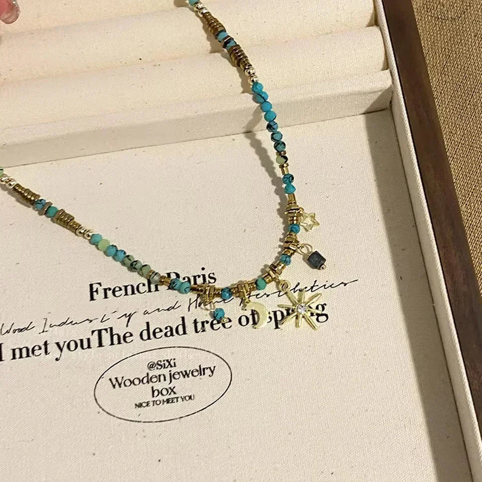 Vintage Bohemian Stone Beads Necklace – Star Pendant Stacked Chain Jewelry for Women