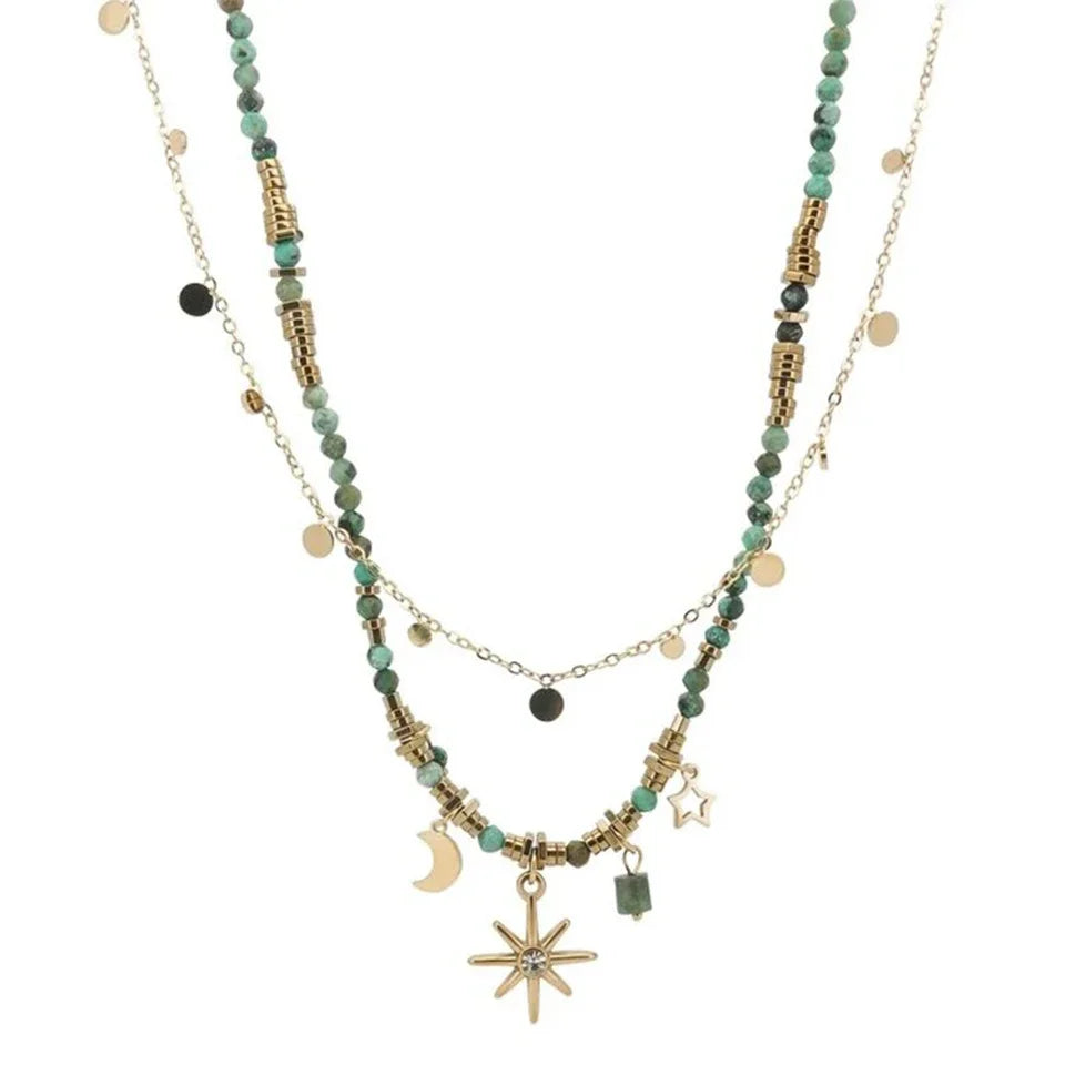 Vintage Bohemian Stone Beads Necklace – Star Pendant Stacked Chain Jewelry for Women