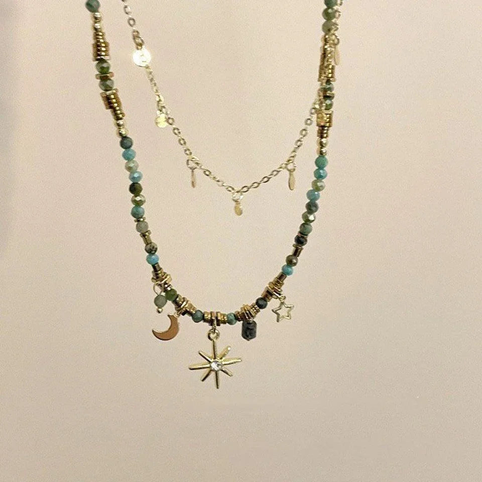 Vintage Bohemian Stone Beads Necklace – Star Pendant Stacked Chain Jewelry for Women