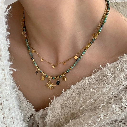 Vintage Bohemian Stone Beads Necklace – Star Pendant Stacked Chain Jewelry for Women