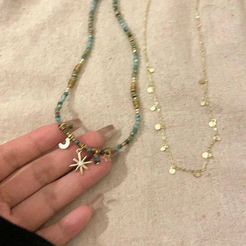 Vintage Bohemian Stone Beads Necklace – Star Pendant Stacked Chain Jewelry for Women
