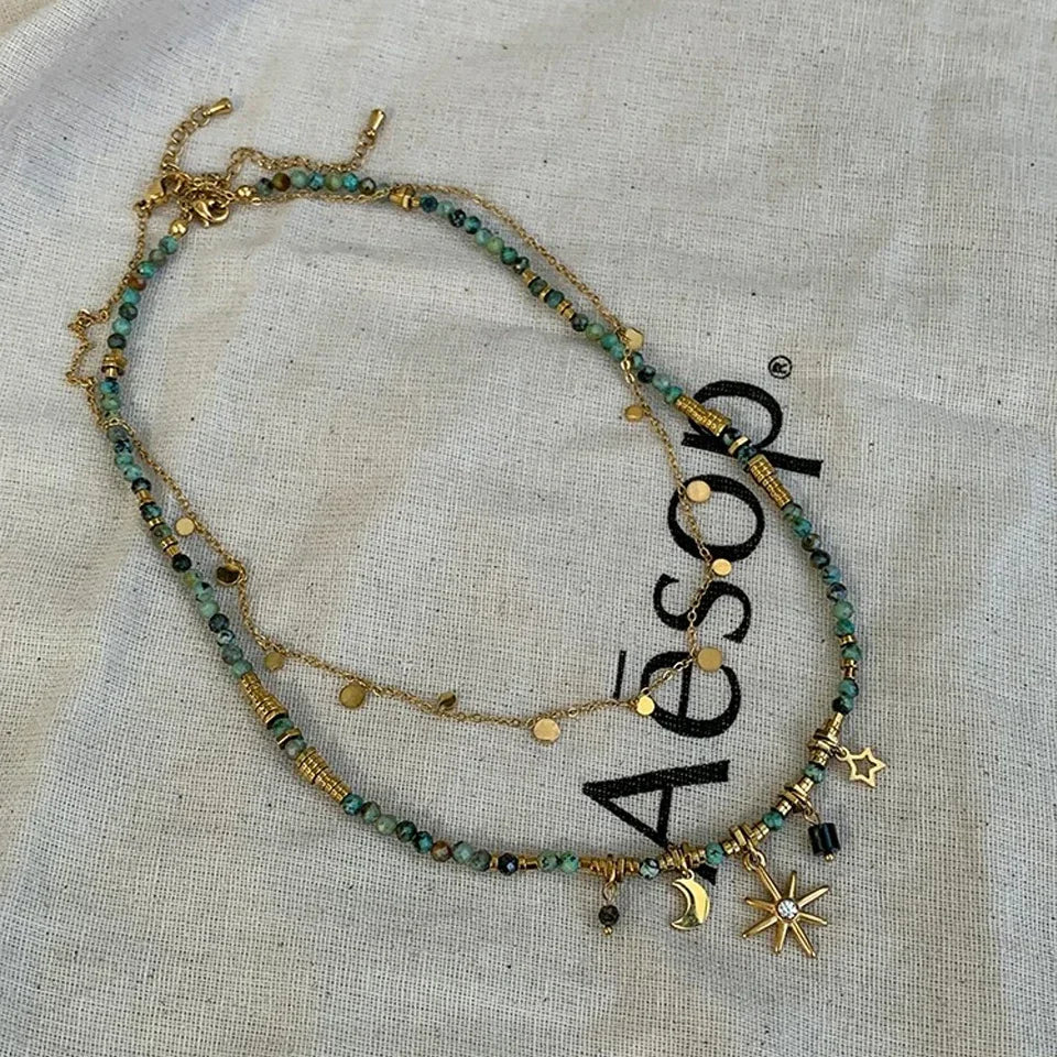 Vintage Bohemian Stone Beads Necklace – Star Pendant Stacked Chain Jewelry for Women