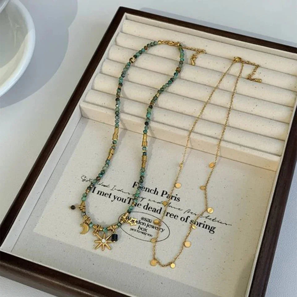 Vintage Bohemian Stone Beads Necklace – Star Pendant Stacked Chain Jewelry for Women
