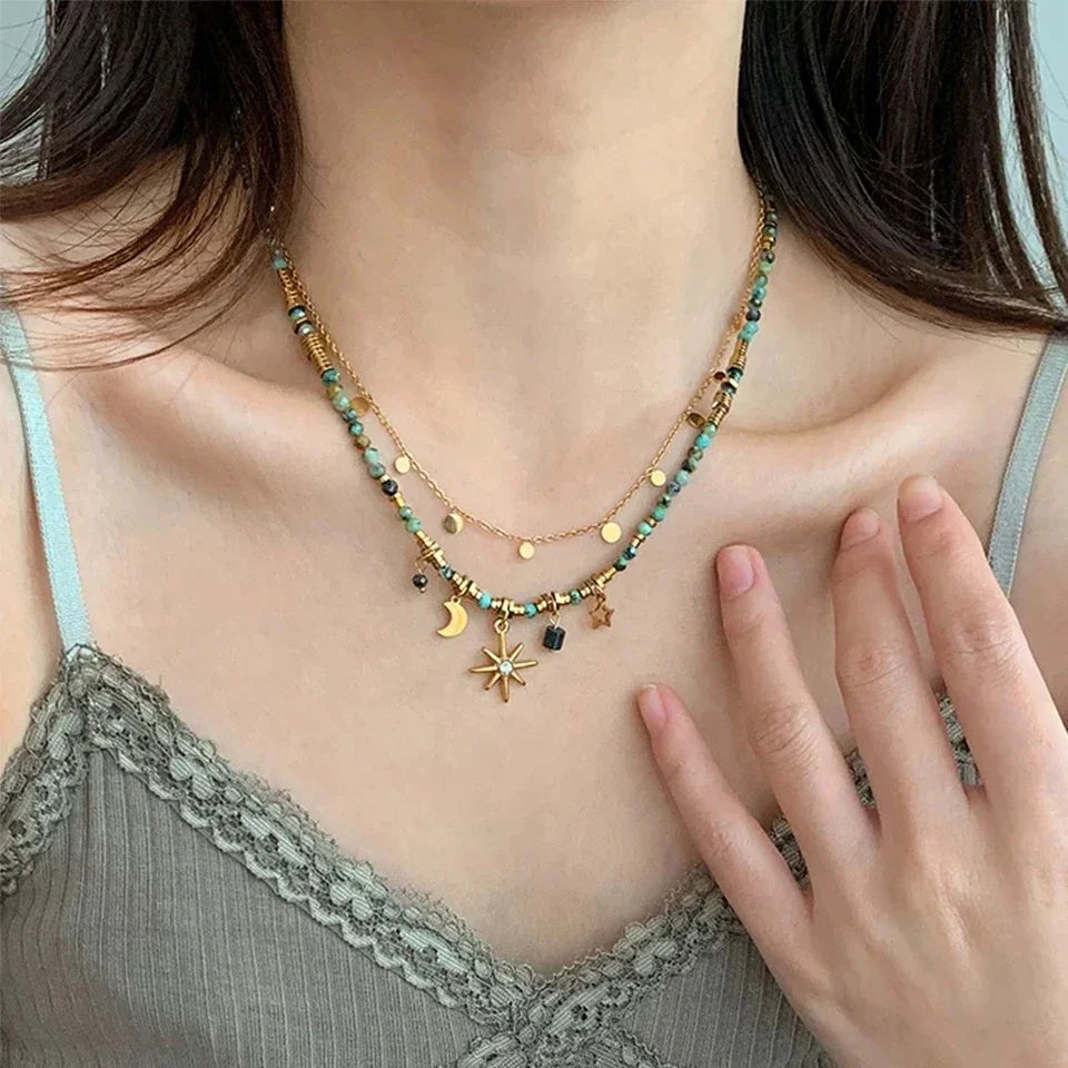 Vintage Bohemian Stone Beads Necklace – Star Pendant Stacked Chain Jewelry for Women